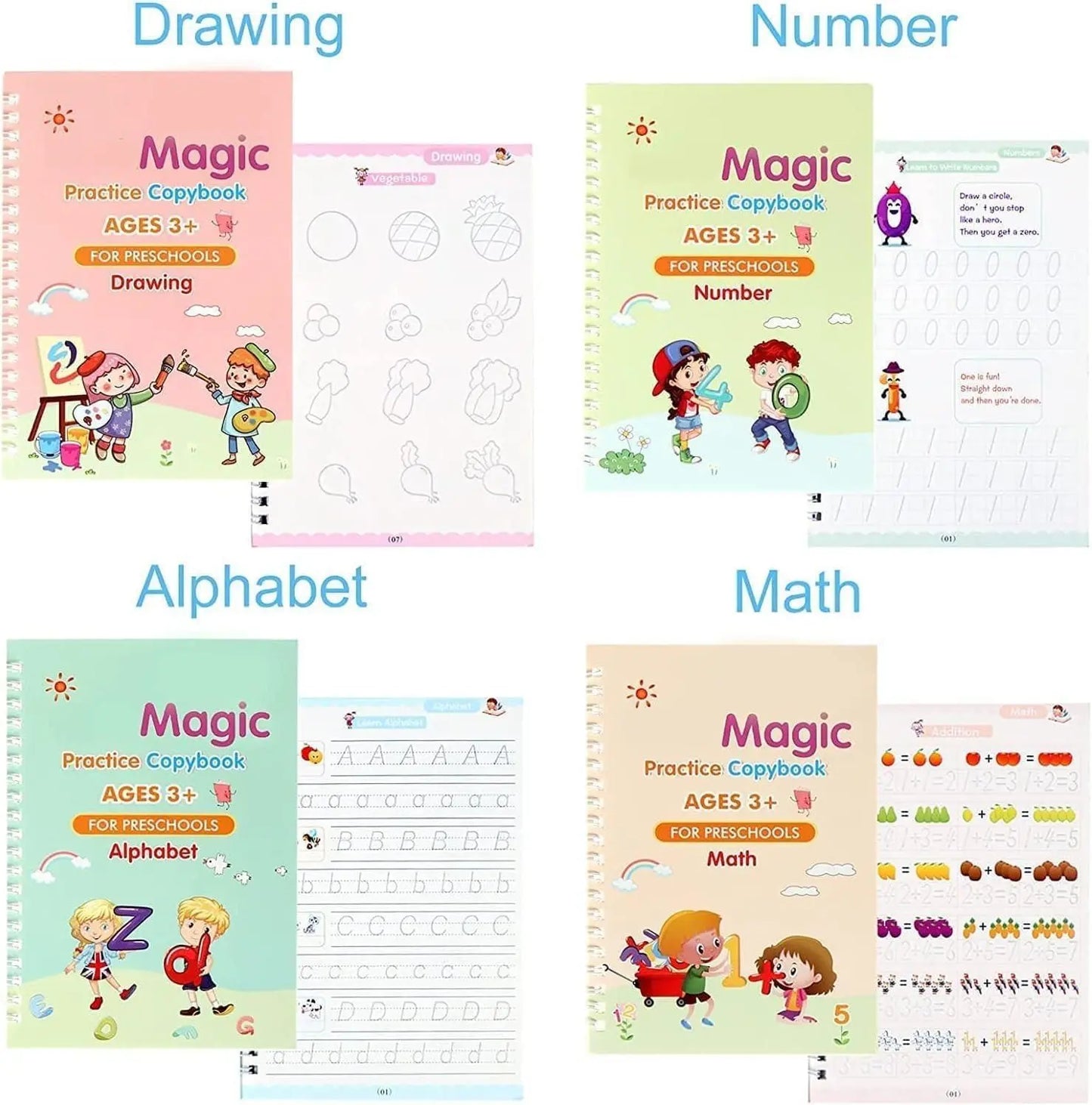 Magic Reusable Writing Book for Kids (2–9 Years) |✍️ (4 BOOKS,1 PEN,1 GRIP,10 REFILL) Pack of 1