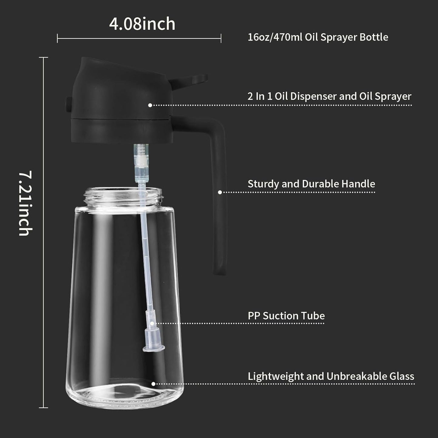 Glass Oil Sprayer and Dispenser Bottle, 500ml Capacity, 2-in-1 Design, Black
